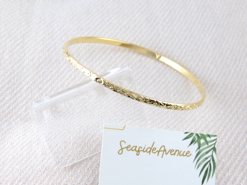 3mm Thin Gold Hawaiian Design Bangle / Heirloom Scroll Design Bracelet, Island Style, Stackable, Thin Gold Bangle, Simple, Everyday Wear image 5