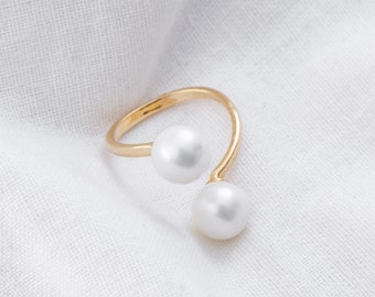 Double Akoya White Pearl Gold Ring / Hamilton Gold Ring with Shell Pearl Adjustable Cuff Bypass Ring