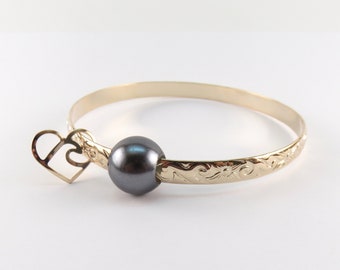 Brazalete de 5 mm, tamaño 10", brazalete hawaiano Hamilton de oro con perla negra, brazalete grande, brazalete Hamilton de oro de 10".