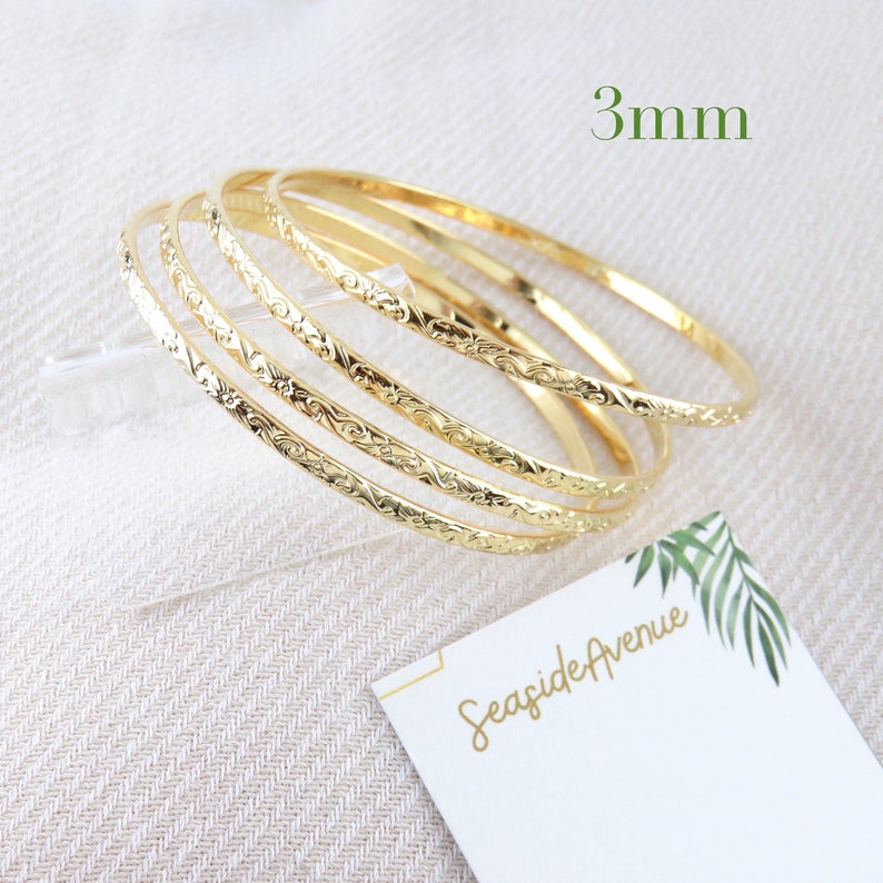 3mm Thin Gold Hawaiian Design Bangle / Heirloom Scroll Design Bracelet, Island Style, Stackable, Thin Gold Bangle, Simple, Everyday Wear image 1