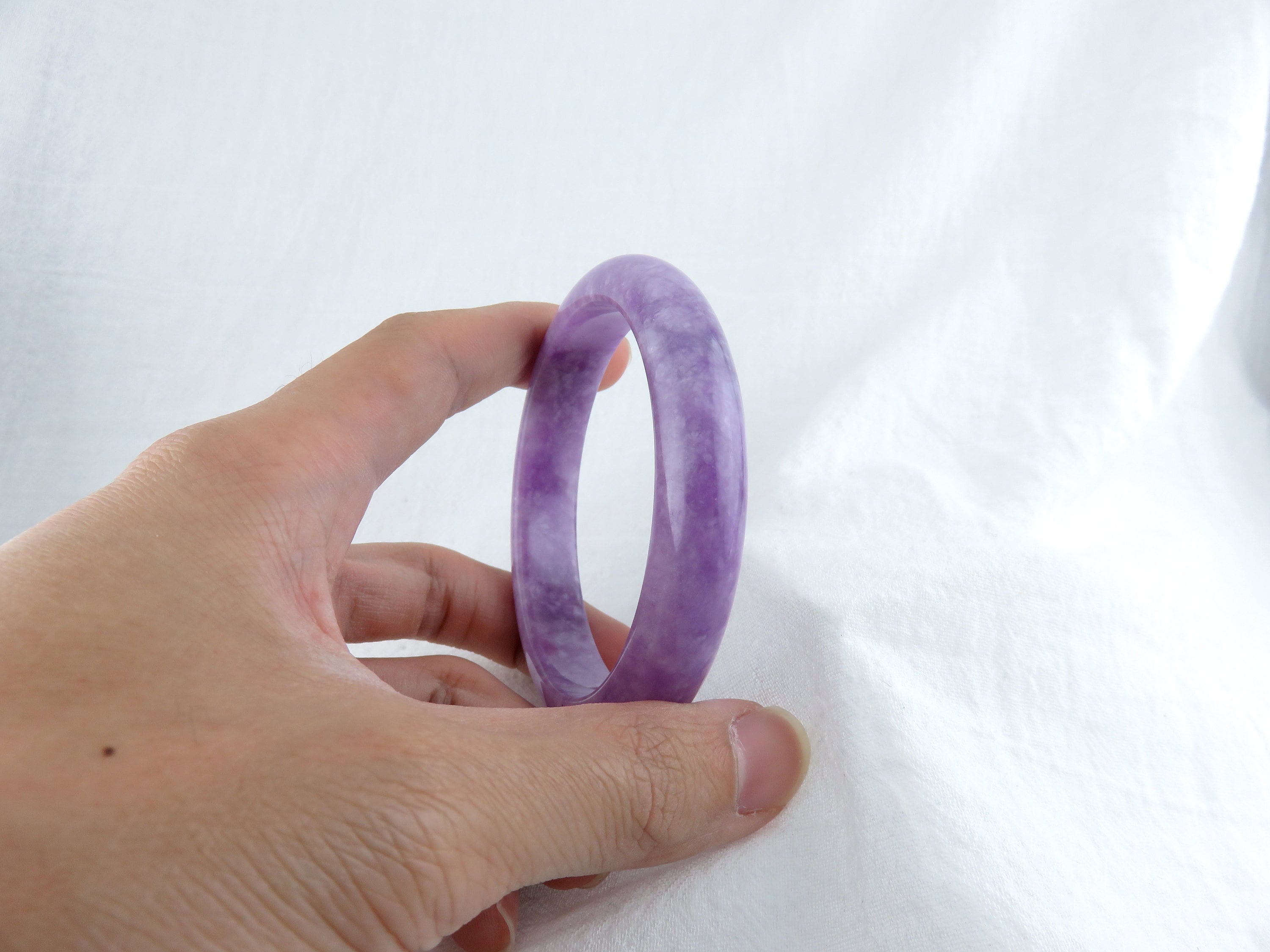 天然パープル翡翠バングル、手首周り7.5インチ、厚さ58.6mm、グレードA