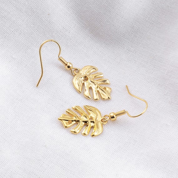 Gold monstera leaf earrings deals