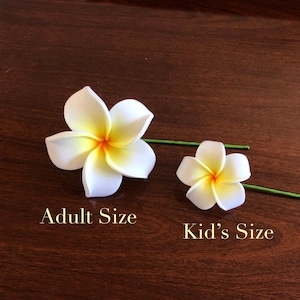 White and Yellow Plumeria, Artificial Foam Flower, Ear Flower / 2.5&quot; Adult and Kid&#39;s Size Ear Flower with Stem, Frangipani, Pua