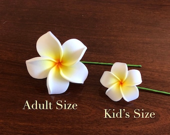 White and Yellow Plumeria, Artificial Foam Flower, Ear Flower / 2.5" Adult and Kid's Size Ear Flower with Stem, Frangipani, Pua