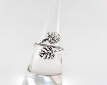 Anillo envolvente de hoja de Monstera, anillo de plata con diseño de derivación, anillo ajustable de plata con declaración, regalo para mamá amante de las plantas, planta de interior