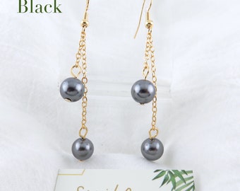 Double Tahitian Black Pearl Hanging Chain Earrings