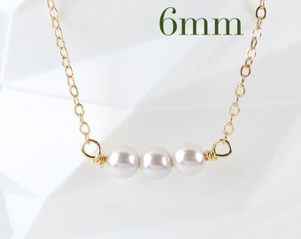 Collar de perlas blancas para damas de honor, 6 mm, triple collar de perlas blancas flotantes, pequeño y delicado