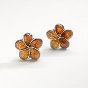 Wood Plumeria Flower Stud Earrings / Solid 925 Sterling Silver, Wood Inlay Earrings, Hawaiian Jewelry, Island Jewelry, Tropical 10mm