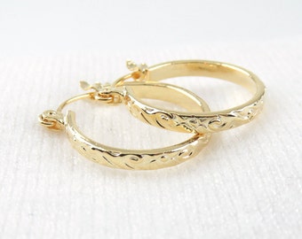 3mm Hoop Earrings / Hawaiian Heirloom Design Gold Hoop Earrings, Hamilton Gold, Island Jewelry