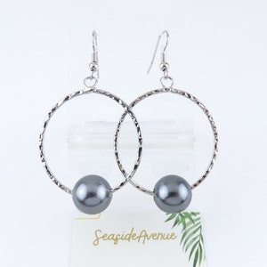 Floating Pearl Hoop Earrings with Black Shell Pearl