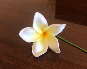 White and Yellow Plumeria, Artificial Foam Flower, Ear Flower / 2.25" Ear Flower with Stem, Frangipani, Pua