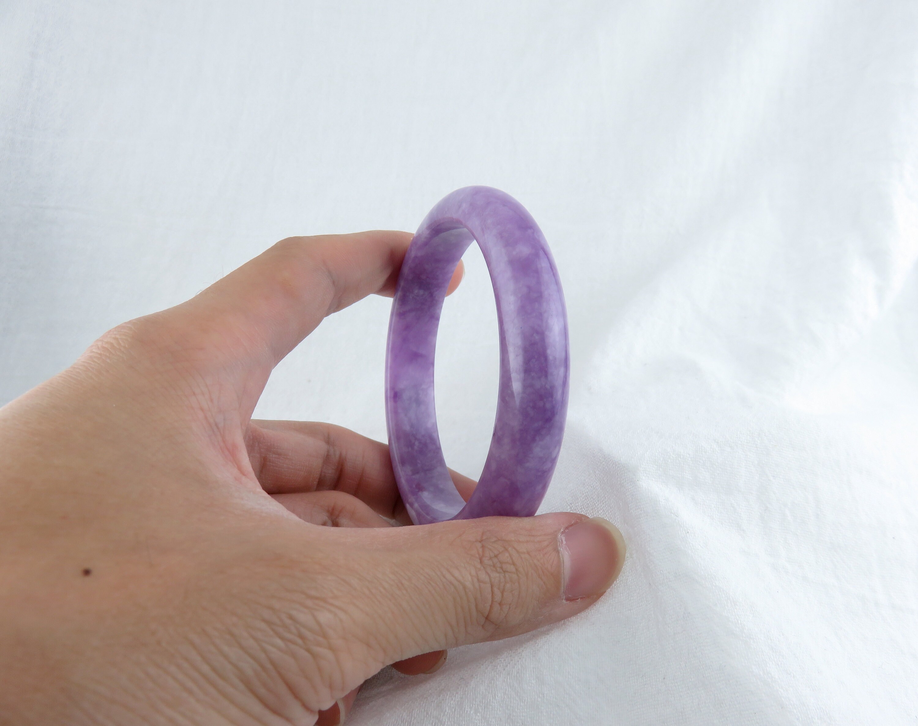 天然パープル翡翠バングル、手首周り7.5インチ、厚さ58.6mm、グレードA