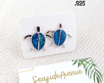 Sea Turtle Stud Earrings / 925 Sterling Silver, Unisex Earrings, Blue Turtle