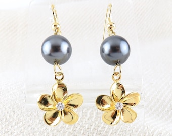 Gold Plumeria Flower with Tahitian Black Pearl Dangling Earrings / Plumeria Necklace, Matching Jewelry Set