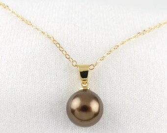 12mm Brown Simple Bail Pearl Necklace / Tahitian Shell Pearl, Minimalist jewelry