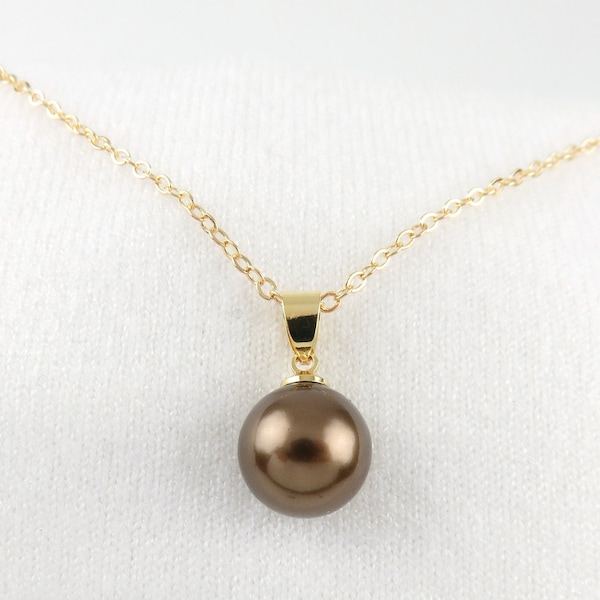 12mm Brown Simple Bail Pearl Necklace / Tahitian Shell Pearl, Minimalist jewelry