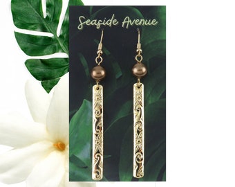 Brown Pearl 5mm Iconic Hawaiian Heirloom Design Hamilton Gold Floral Bar Earrings and Matching Necklace