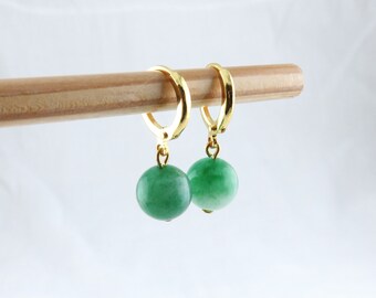 Gold Hoops, Hoop Earrings with Green Jade, Huggies, Minimal Jewelry