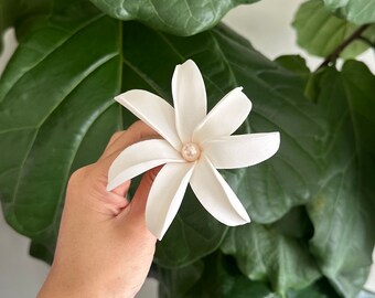 Tiare Foam Flower with Pink Pearl, 4" Ear Flower, Hair Pick / Tahitian Gardenia, Pinwheel Tiare, Hawaiian, Hula Flowers, Hula Dance, Real