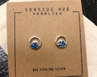 8mm Blue Wave Stud Earrings / 925 Sterling Silver, Baby Earrings, Unisex, Surfer Gift, Toddler, Ocean Lover, Beach Island Style, Sparkle