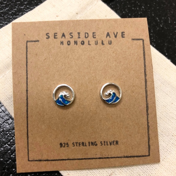 8mm Blue Wave Stud Earrings / 925 Sterling Silver, Baby Earrings, Unisex, Surfer Gift, Toddler, Ocean Lover, Beach Island Style, Sparkle