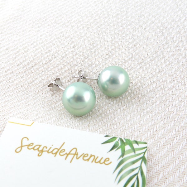 Mint green Pearl Stud Silver Earrings / Minimalist Elegant Jewelry Simple Everyday Wear, Shell Pearl