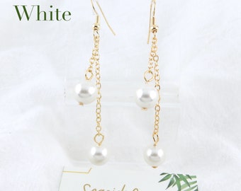 Double Akoya White Pearl Hanging Chain Earrings