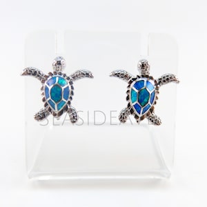 Fire Opal Hawaiian Sea Turtle Earrings / Solid 925 Sterling Silver, Stud Earrings, Blue Opal