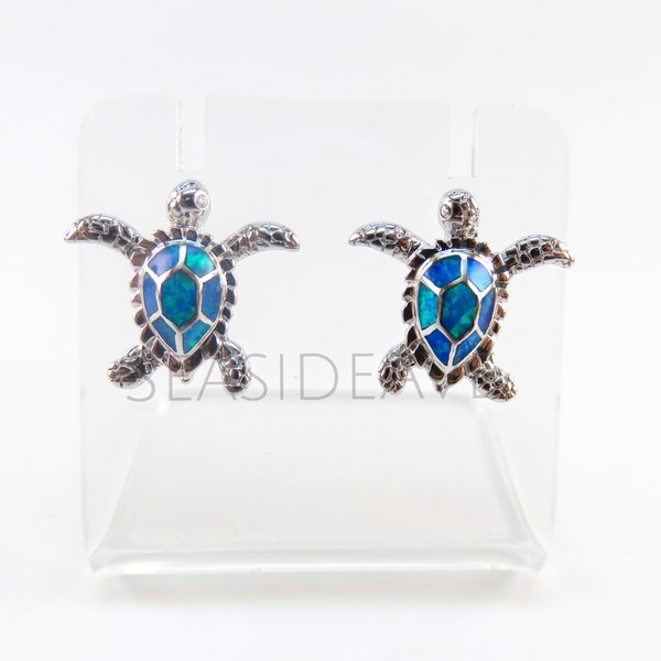 Boucles d'oreilles tortue de mer hawaïenne opale de feu / Argent sterling 925 massif, clous d'oreilles, opale bleue