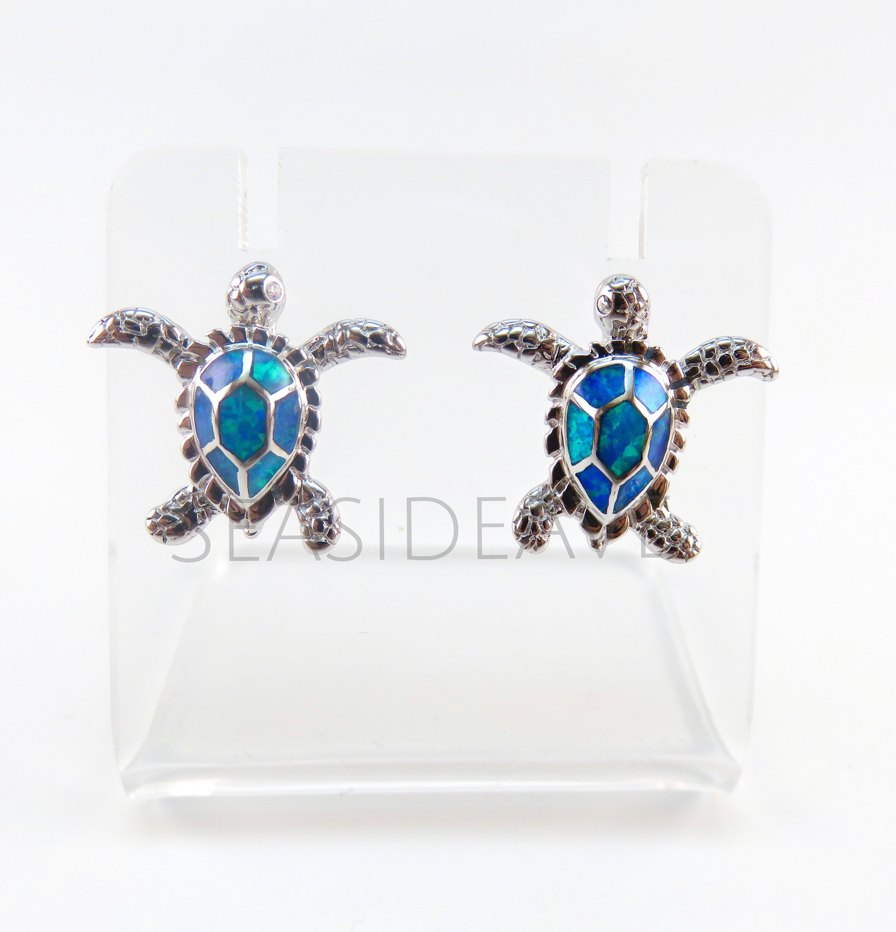 Fire Opal Hawaiian Sea Turtle Earrings / Solid 925 Sterling Silver, Stud Earrings, Blue Opal