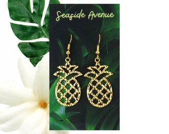 20x30mm Large Pineapple Earrings and Necklace Matching Jewelry Set / Simple Gold Dangling Earrings, Island Style, Fruit, Tropical, Beach