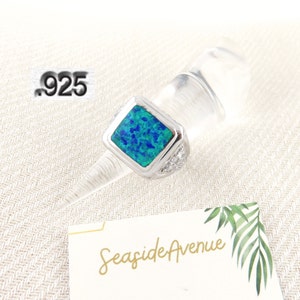 925 Sterling Silver Large Square CZ Studded Opal Inlay Ring