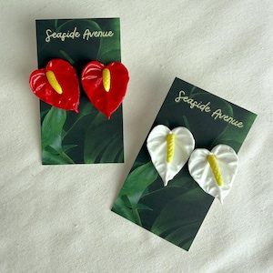 May include: Two pairs of heart-shaped earrings. One pair is red with yellow accents, the other is white with yellow accents. Each pair is displayed on a dark green card with the text "Seaside Avenue".