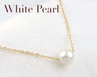 12mm Single Floating White Pearl Necklace / Minimalist jewelry, Bridesmaid, Wedding, Shell Pearl Necklace