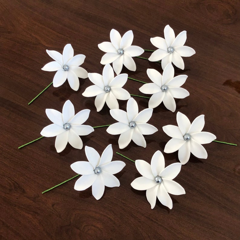 May include: Ten white paper flowers with silver centers. Each flower has five petals and is attached to a green stem.