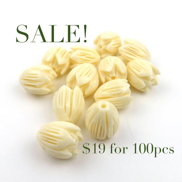 100 pcs Pikake Beads Loose Beads / DIY Hawaiian Jasmine Flower Island Style Carved Resin Coral Cream Ivory Bulk beads, 8mm 10mm 12mm