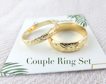 Couple Band Gold Ring Set His & Her Eternity Wedding Band For Husband Wife, Promise Ring, Gift for Boyfriend Girlfriend, Simple Gold Ring