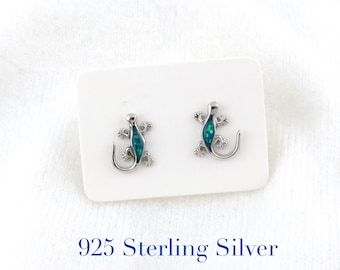 Mini Gecko Stud Earrings / 925 Sterling Silver, Unisex Earrings, Blue Earrings