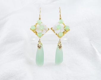 Green Jade Dangling Earrings with White Mother of Pearl Flowers, Gold Jade Earrings, Gift for Her