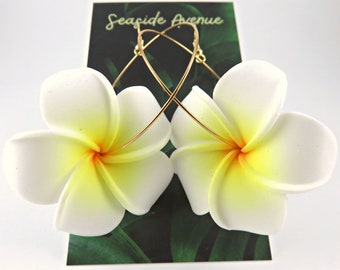 Real Touch Flowers, White and Yellow Plumeria Dangling Earrings / Foam Flowers, Hawaiian Jewelry, Island Inspired, Hula Dancers Flower