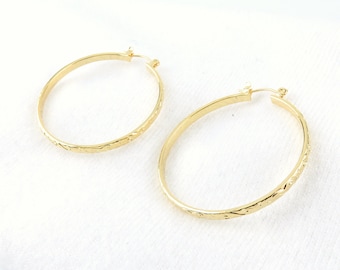 LARGE 3mm Hoop Earrings (40mm) / Hawaiian Heirloom Design Gold Hoop Earrings, Hamilton Gold, Island Jewelry
