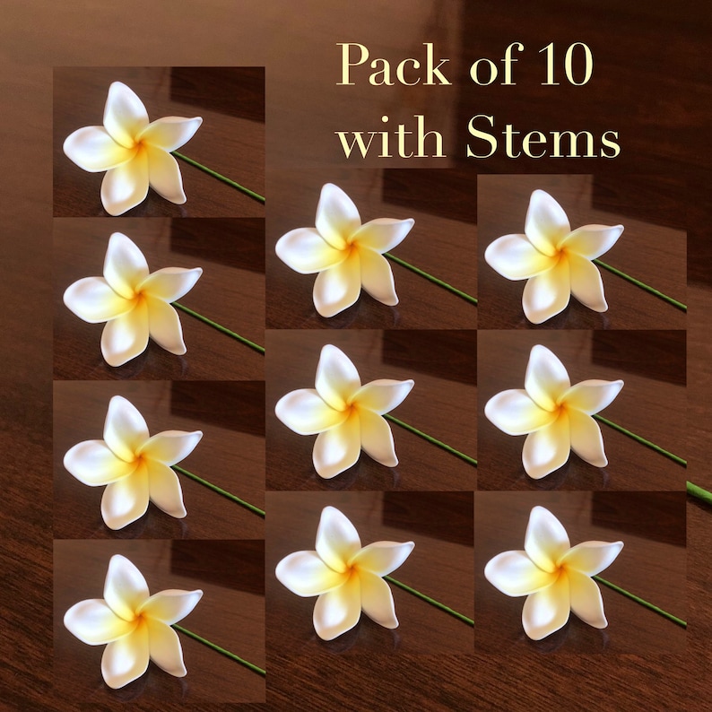 White and Yellow Plumeria, Artificial Foam Flower, Ear Flower / 2.25" Ear Flower with Stem, Frangipani, Pua Pack of 10