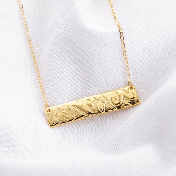 Hawaiian Design Gold Bar Necklace, Simple Minimal Scroll Floral Design Heirloom 10mm Hamilton Gold