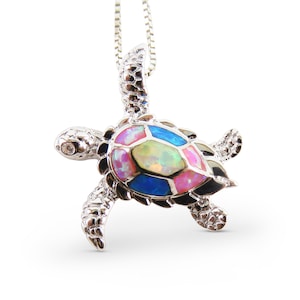 Multicolor Opal Sea Turtle Necklace / 925 Sterling Silver and Opal Inlay