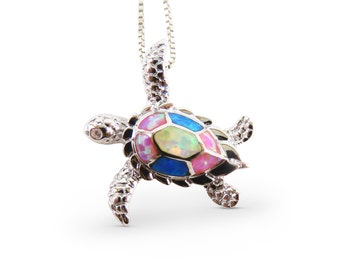 Multicolor Opal Sea Turtle Necklace / 925 Sterling Silver and Opal Inlay