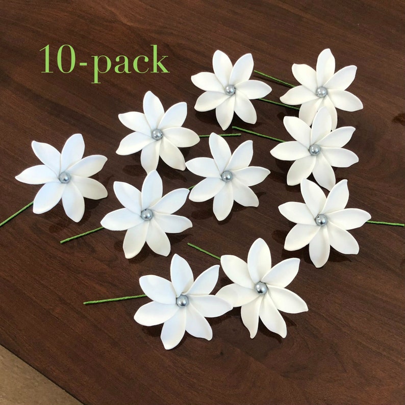 May include: Ten white paper flowers with silver centers and green stems. 10-pack.