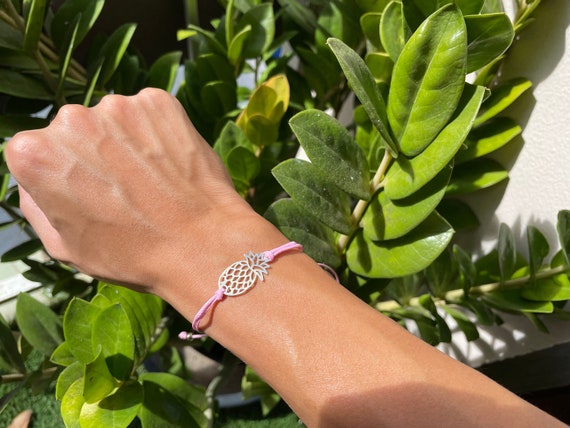 Gold Pineapple Bracelet or Anklet With Light Pink Adjustable Cord