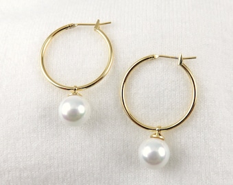 Dainty Hoop Earrings with White Shell Pearl / Simple and Elegant Hamilton Gold Hoops