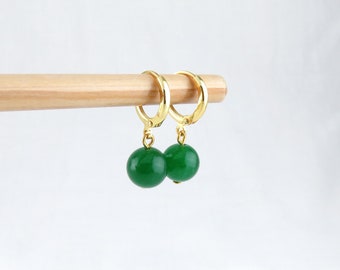 Gold Hoops, Hoop Earrings with Green Jade, Huggies, Minimal Jewelry