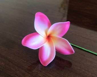 Fuchsia Pink Plumeria, Artificial Foam Flower, Ear Flower / 2.25" Ear Flower with Stem, Frangipani, Pua